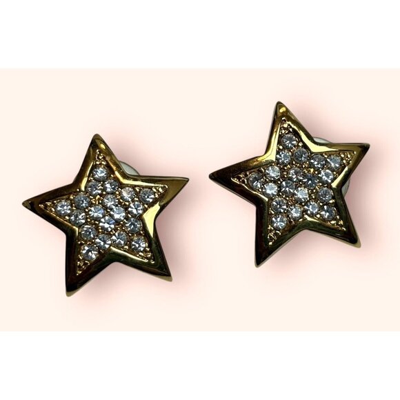 Vintage St. John Clear Rhinestone Crystal Gold Tone Star Pierced Earrings - Picture 3 of 8